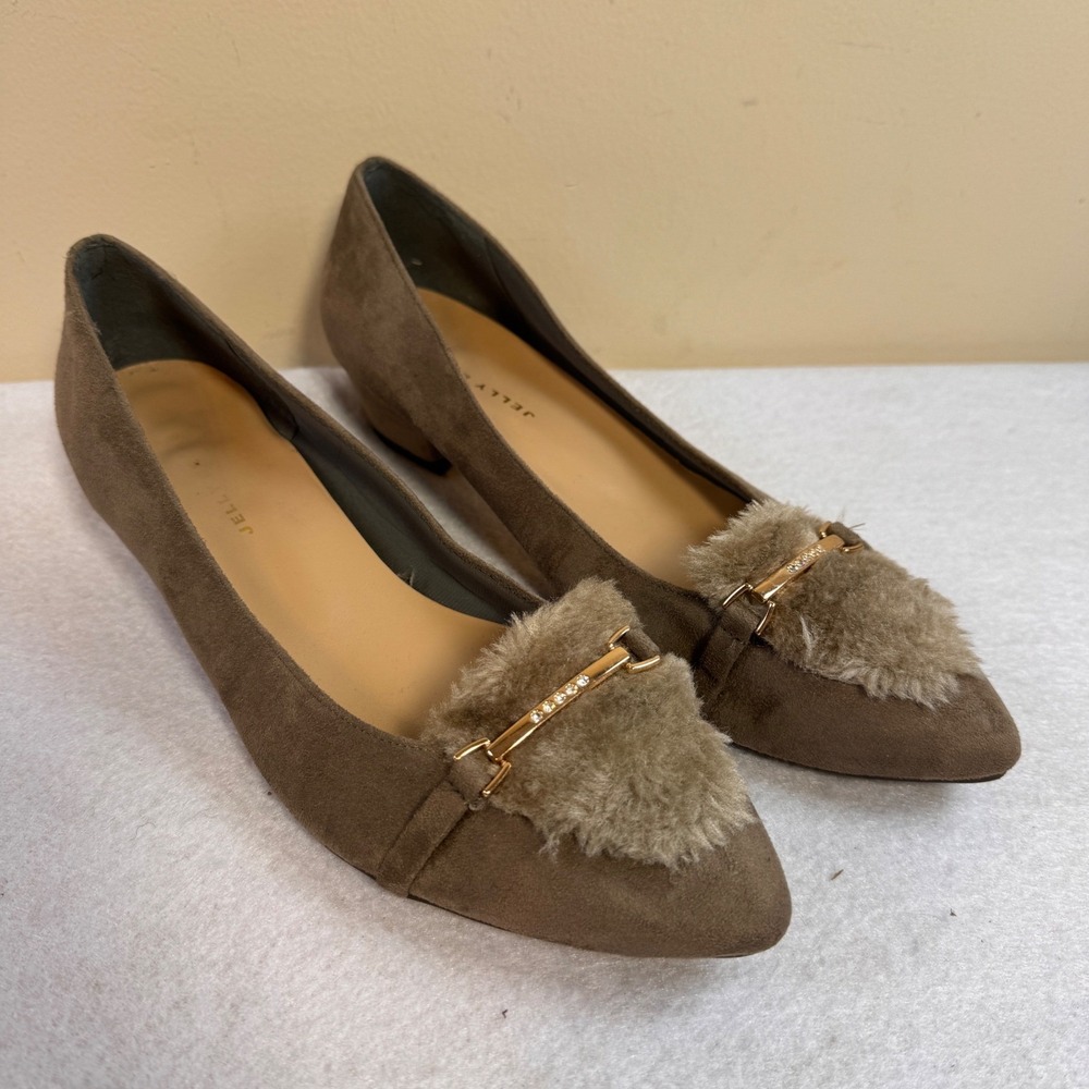 Jelly Beans Japan Taupe Suede Faux Fur Rhinestone Pointed Toe Low Heel 24/7.5 US
